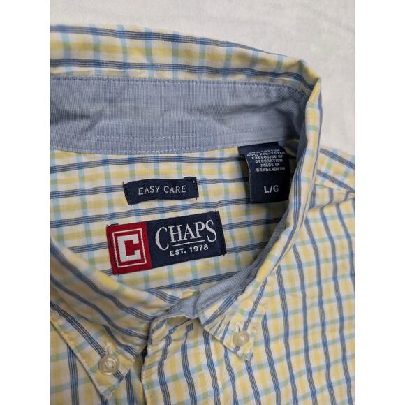 Chaps Easy Care Mens Short Sleeve Button Down Shirt - Large Plaid Yellow Blue - Picture 2 of 7